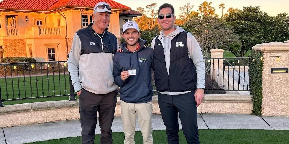 Senior VP & Athletics Director Alex Ricker-Gilbert, Raul Perera '18, Head Men's Golf Coach Mike Blackburn